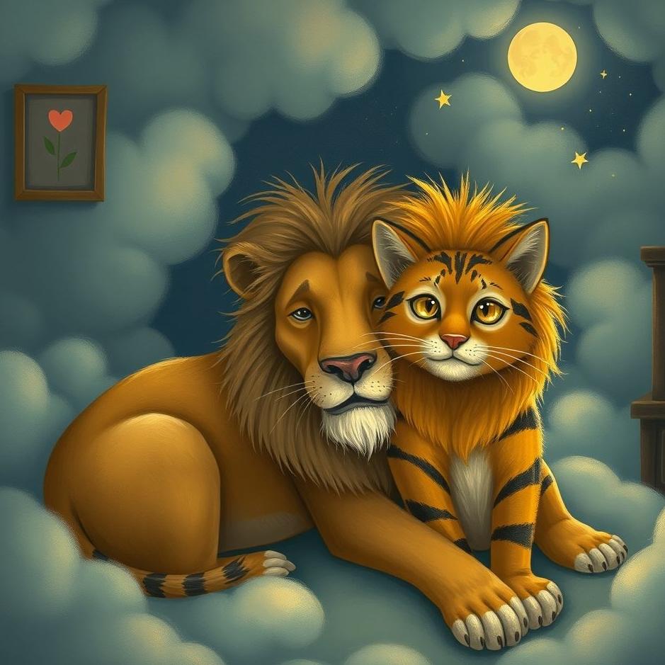 Dream : A lion and a cat at home in a dream
