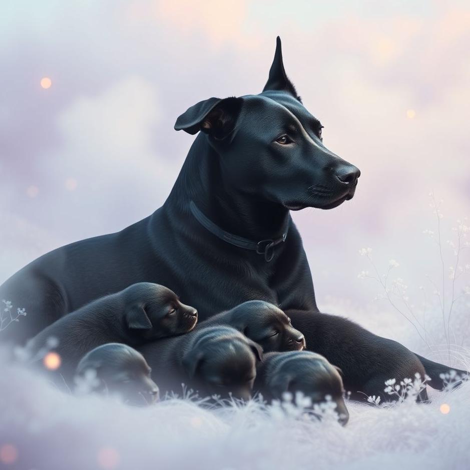 Dream : Black dog and its puppies in a dream