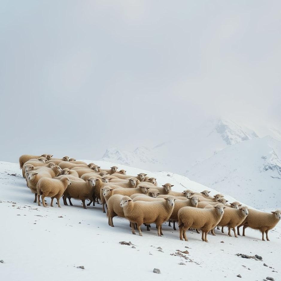 Dream : Flock of sheep on a snowy mountain in a dream