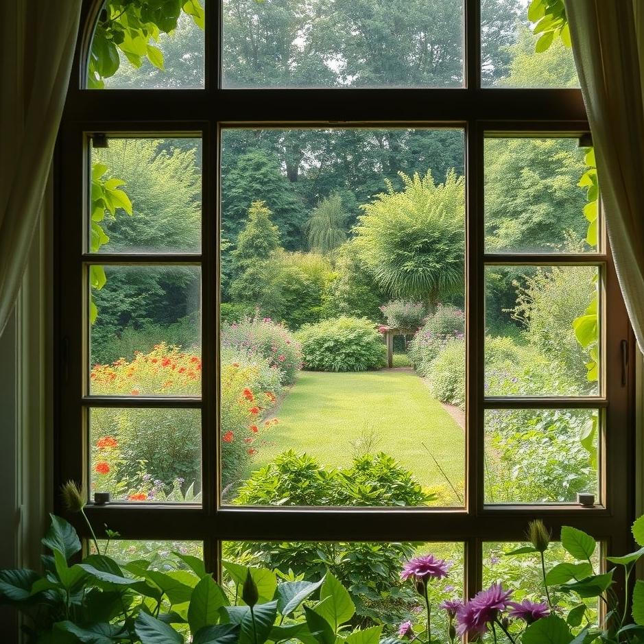 Dream : Green garden through the window in a dream